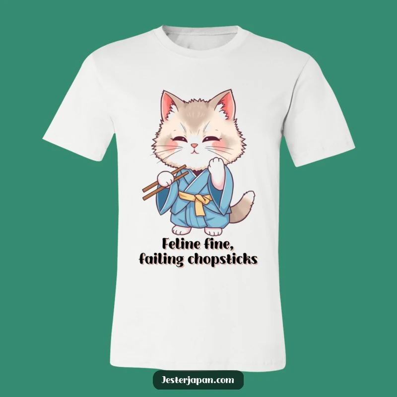 Funny Cat Kimono Chopstick Fiasco T-Shirt: Adorable Fluffy Cat Gift for Laughs