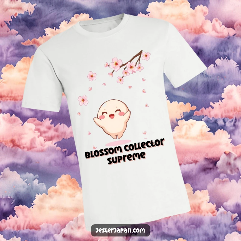 Funny Kawaii t-shirt featuring a small, round character joyfully attempting to catch falling cherry blossoms, evoking a sense of peaceful delight.