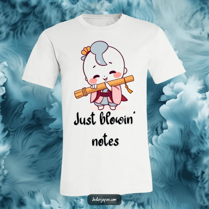 Funny Kawaii t-shirt featuring a happy character playing a Japanese flute with a wide, infectious smile.