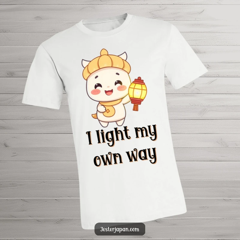 Funny T-Shirt: A happy character joyfully holding a bright lantern, illuminating its own cheerful face, a great funny gift.