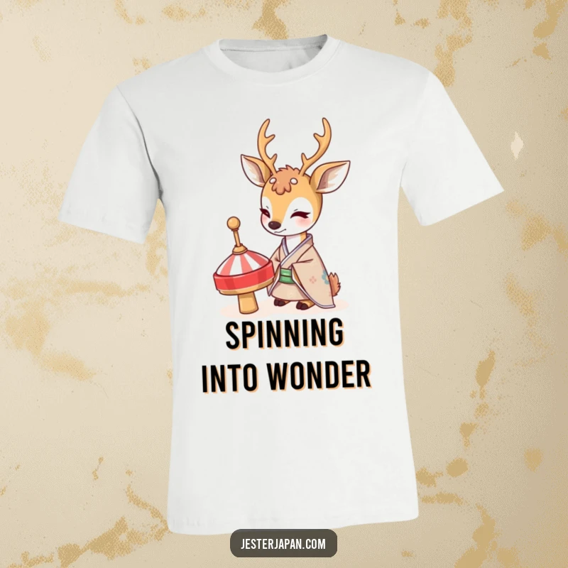 Funny Shy Deer Kimono T-Shirt: A bashful deer in a kimono gazes with curiosity at a spinning top, a delightful and humorous design.
