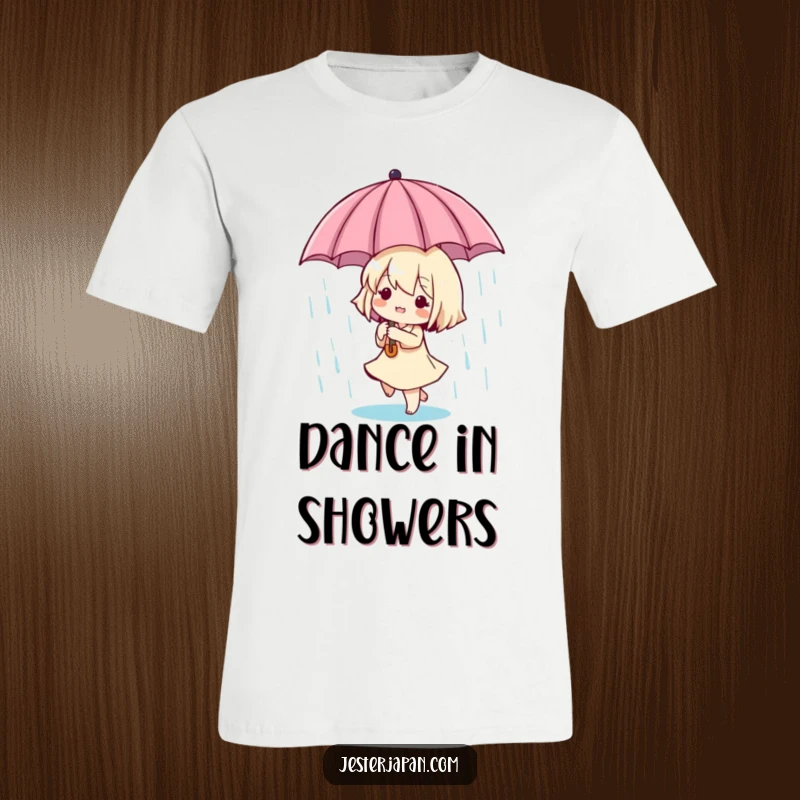 Funny Tiny Dancer T-Shirt: A tiny character joyfully dances in the rain, holding a miniature umbrella, capturing a playful and carefree spirit.