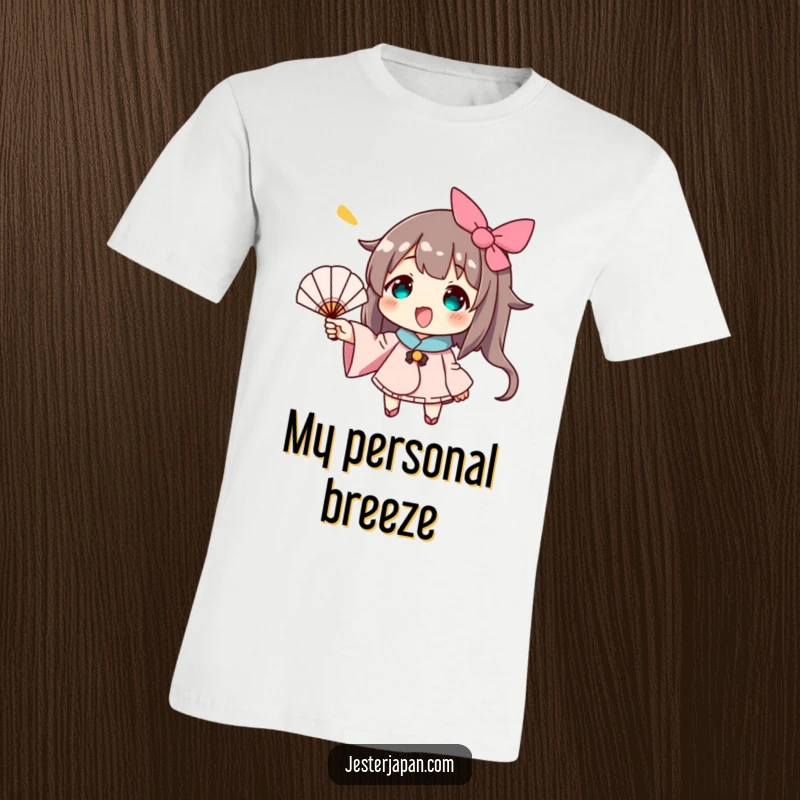 Funny t-shirt featuring a character with a wide smile, energetically fanning themselves with a small hand fan, looking refreshed and happy.