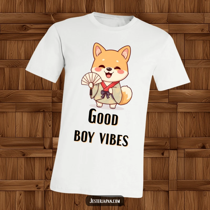 Funny t-shirt depicting a cheerful Shiba dog in a colorful kimono, happily waving a paper fan with enthusiasm.