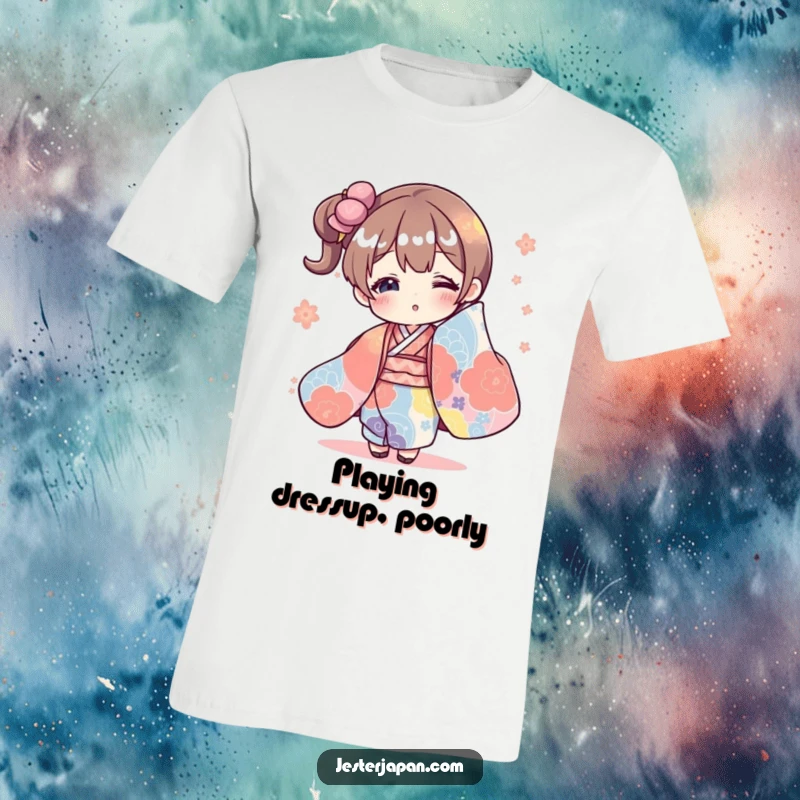 Funny t-shirt featuring a character comically swamped by a huge, colorful kimono, expressing a funny fashion faux pas with joy.