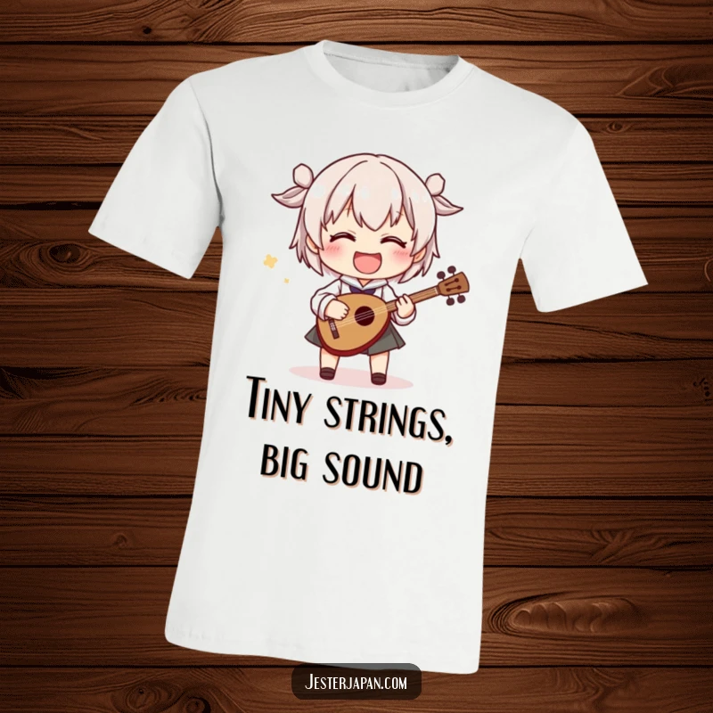 Funny t-shirt depicting a smiling character playing a tiny shamisen with wildly exaggerated movements, embodying pure musical exuberance and playful energy.