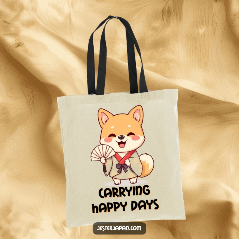Funny tote bag featuring a cheerful Shiba dog in a colorful kimono happily waving a paper fan, a charming accessory.