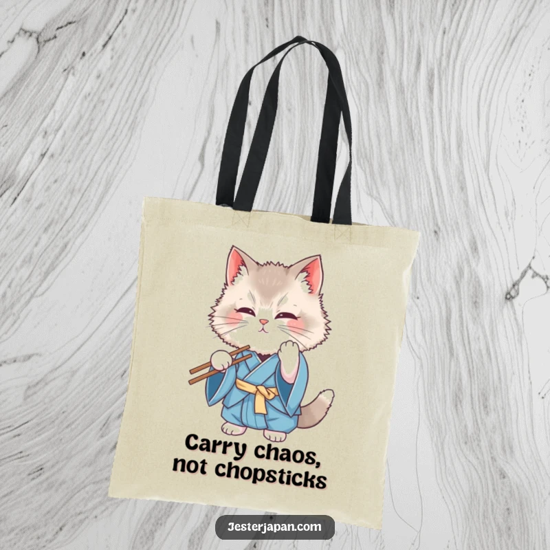 Funny Cat Kimono Tote Bag: A fluffy cat in a blue kimono hilariously fumbles with chopsticks, spilling food, a humorous accessory for shopping.