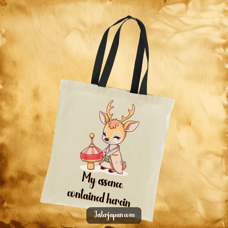 Funny Deer Kimono Tote Bag: A shy deer in a traditional kimono observes a spinning top with curiosity, a charming and humorous tote.