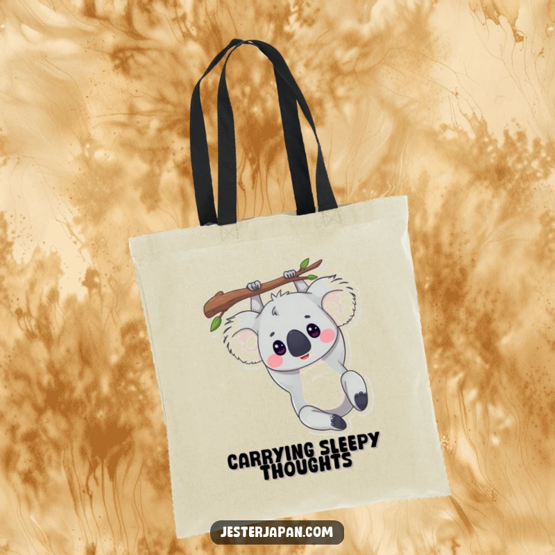 Funny tote bag with a koala hanging upside down from a branch, perfect for carrying daily essentials with a relaxed vibe.