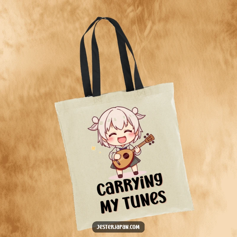 Funny tote bag illustrating a character joyfully playing a tiny shamisen with exaggerated, lively movements, perfect for carrying essentials with a musical twist.